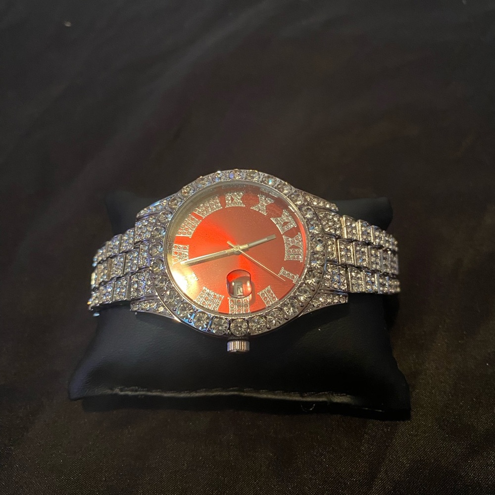 Elegant Silver and Red Watch with Crystal Accents